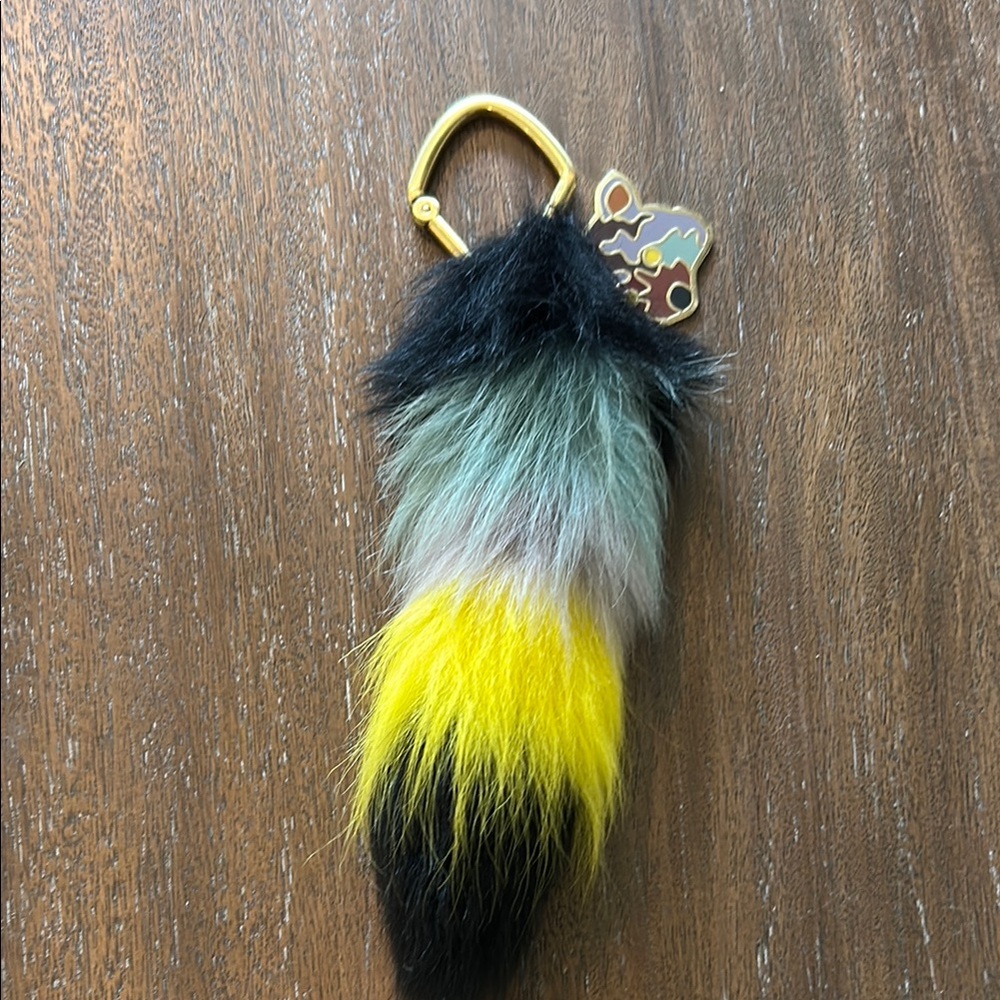 Furry Bag Clutch or Keychain with Yellow and Black Accents, Real Fur